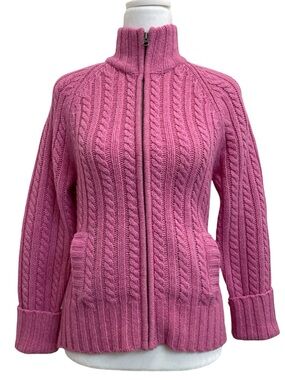 GAP Vintage Pink 100% Lambswool Cable Knit Mock Neck Full Zip Sweater